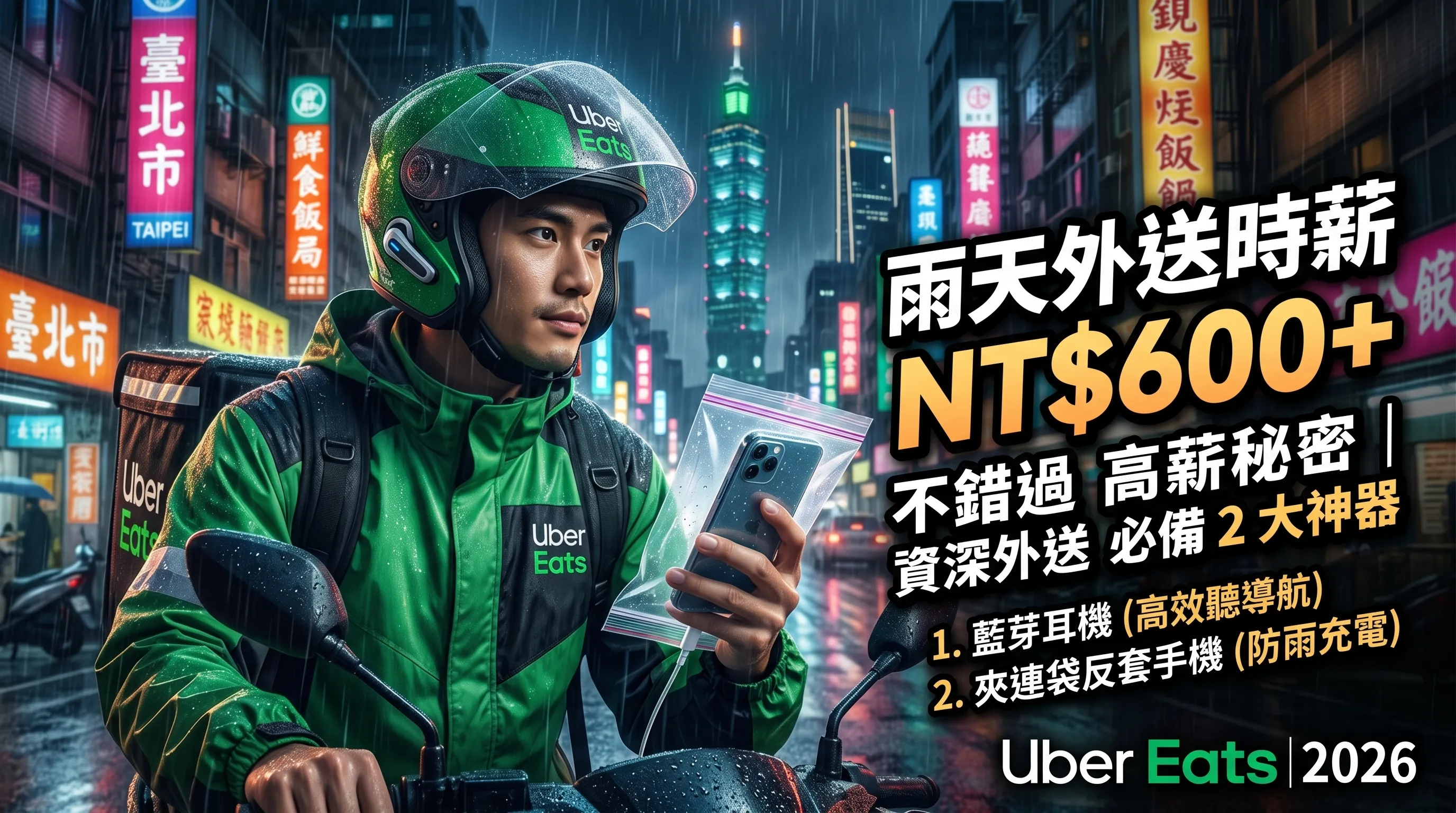 2026 Uber Eats 外送員薪水大解密：雨天時薪破 600 的兩大神器與註冊申請指南